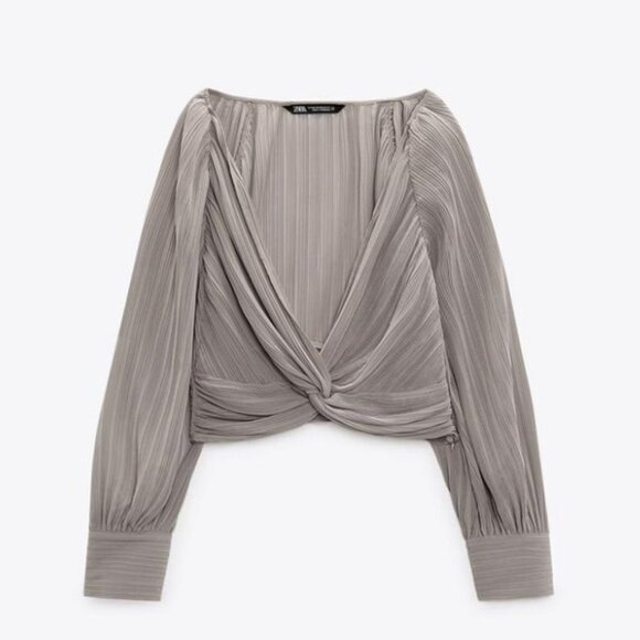 Tops - Knotted Twist Front crop taupe Blouse